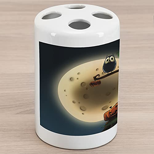 Lunarable Halloween Ceramic Toothbrush Holder, Cartoon of Spooky Tree with Large Eyed Owl Pumpkin Holiday Inspired Picture, Decorative Versatile Countertop for Bathroom, 4.5" X 2.7", Multicolor