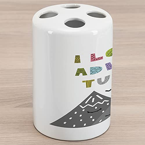 Lunarable I Love Adventure Ceramic Toothbrush Holder, Graphic with Abstract Mountains and Colorful Letters, Decorative Versatile Countertop for Bathroom, 4.5" X 2.7", Grey Multicolor