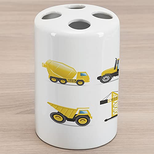 Lunarable Cartoon Ceramic Toothbrush Holder, Style Heavy Machinery Truck Crane Digger Mixer Tractor Construction, Decorative Versatile Countertop for Bathroom, 4.5" X 2.7", Yellow and Grey