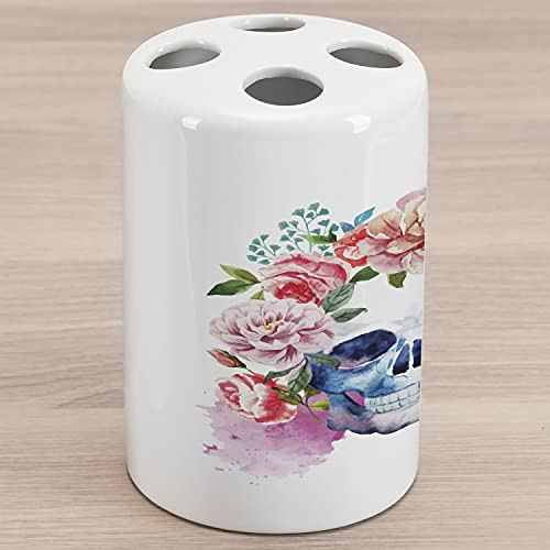Ambesonne Skull Ceramic Toothbrush Holder, Funny Colorful Floral Head Victorian Style Dead Skeleton Graphic Art Print, Decorative Versatile Countertop for Bathroom, 4.5" X 2.7", Multicolor