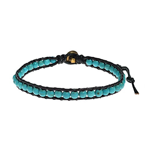 AeraVida Simulated Turquoise Round Charm Single Strand Leather Bracelet