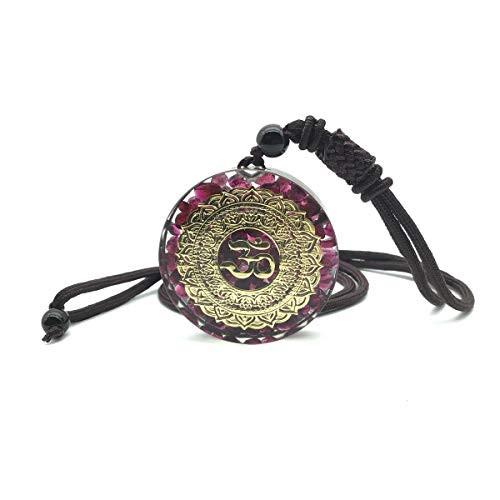 EDEN'S CALL Healing Chakra OM Symbol Orgonite Crystal Stone Pendant Necklace for Unisex 23.62" Adjustable Energy Generator Round Shape Necklace, Garnet