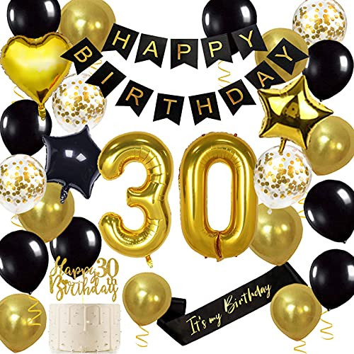 Black and Gold Happy 30th Birthday Party Decorations, Jumbo Number 30 Foil Balloon, 30th Birthday Sash Cake Topper Banner Balloons, Black and Gold 30th Birthday Party Supplies Black and Gold Happy 30th Birthday Party Decorations, Jumbo Number 30 Foil Balloon, 30th Birthday Sash Cake Topper Banner Balloons, Black and Gold 30th Birthday Party Supplies