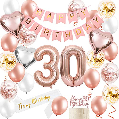 Happy 30th Birthday Party Decorations for Her Rose Gold, Jumbo Number 30 Foil Balloon, 30th Birthday Sash Cake Topper Banner Balloons, Rose Gold 30th Birthday Party Supplies for Women Anniversary Happy 30th Birthday Party Decorations for Her Rose Gold, Jumbo Number 30 Foil Balloon, 30th Birthday Sash Cake Topper Banner Balloons, Rose Gold 30th Birthday Party Supplies for Women Anniversary