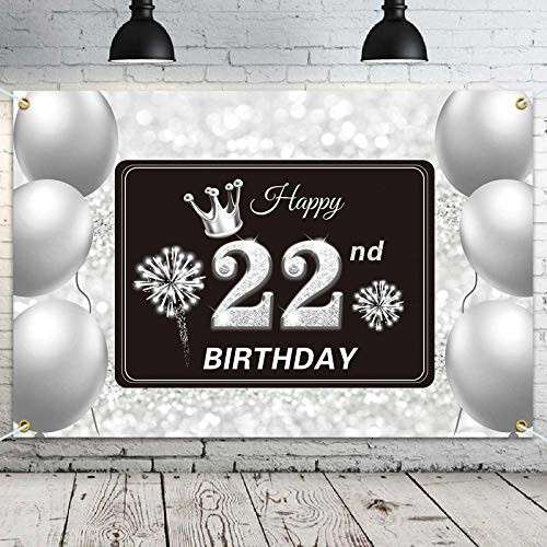 PAKBOOM Happy 22nd Birthday Backdrop Banner - 22 Birthday Party Decorations Supplies for Men Women - Silver 3.9 x 5.9ft