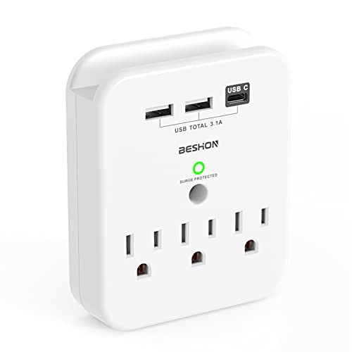Surge Protector Wall Outlet with Phone Holder, 3-Outlet Extender with 3 USB -3.1A Total USB-C Port- 490J Surge Protected Multi Plug Outlet for Bedroom, Study and Kitchen