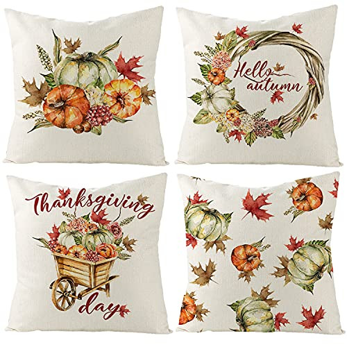 CITYLIGHT Fall Throw Pillow Covers 18x18 Autumn Pumpkin Harvest Thanksgiving Pillow Covers for Thanksgiving Decorations and Autumn Decoration Set of 4