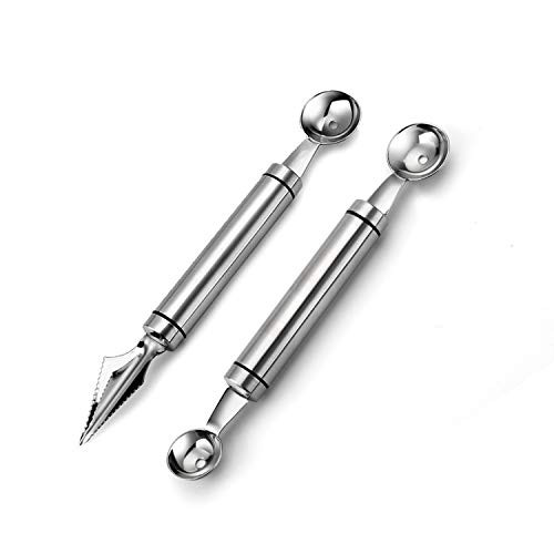 Suuker Melon Baller Scoop Set,Stainless Steel Dual-Purpose Fruit Salad Scoop Spoon, Baller Carving Cutter for DIY Watermelon, Fruit Ice Cream-2PCS-