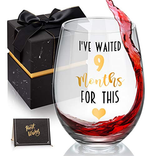 I've Waited 9 Months For This Funny New Mom Stemless Wine Glass for Expectant Moms and Post Pregnancy Gifts, Funny 18 oz Stemless Wine Glasses for Women, Her, Mom on Mother's Day or Christmas