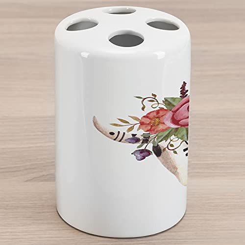 Lunarable Deer Head Ceramic Toothbrush Holder, Interpretation of a Skull and Colorful Flowers Bohemian Style Print, Decorative Versatile Countertop for Bathroom, 4.5" X 2.7", Coral and Multicolor