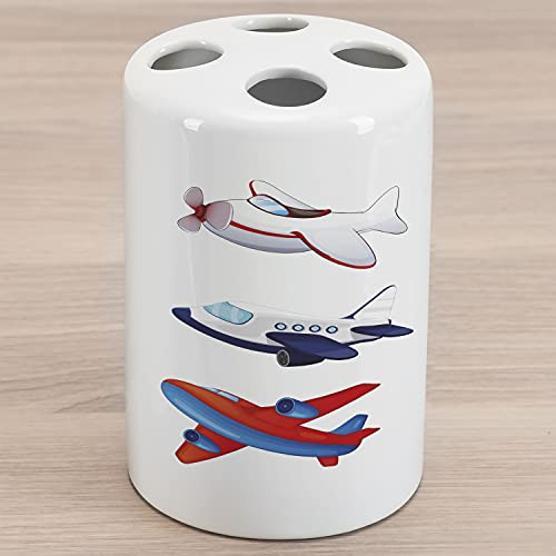 Lunarable Cartoon Ceramic Toothbrush Holder, Varied Airplanes in Style Animation Inspired Colorful Vehicles Air Way, Decorative Versatile Countertop for Bathroom, 4.5" X 2.7", Multicolor
