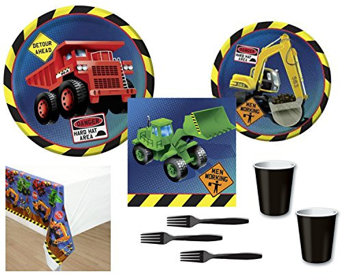 Construction Trucks Party Supply Bundle For 8 Guests - Includes Plates, Napkins, Tablecover, Cups and Forks