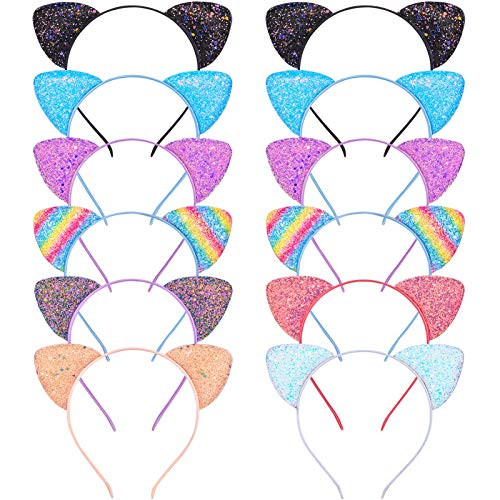 Beinou Glitter Cat Ears Headband Kitty Headband for Girls and Women 12 pcs Sparkly Glitter Hair Metal Hoop Shiny Hairbands Hair Accessories for Daily Wearing and Party Decoration