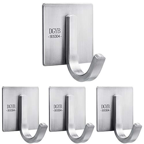 DGYB Bath Towel Adhesive Hooks Robe Hook Holder Wall Mount Heavy Duty Wall SUS 304 Stainless Steel Coat Hook Closet Door for Bathroom Bedroom Hotel Kitchen Garage Pool 4 Pack -J-Satin Nickel-