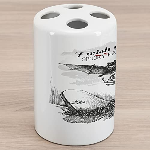 Ambesonne Halloween Ceramic Toothbrush Holder, Dead Skull Skeleton Out of The Grave and Flying Bat Hand Drawn Spooky Picture, Decorative Versatile Countertop for Bathroom, 4.5" X 2.7", Black White