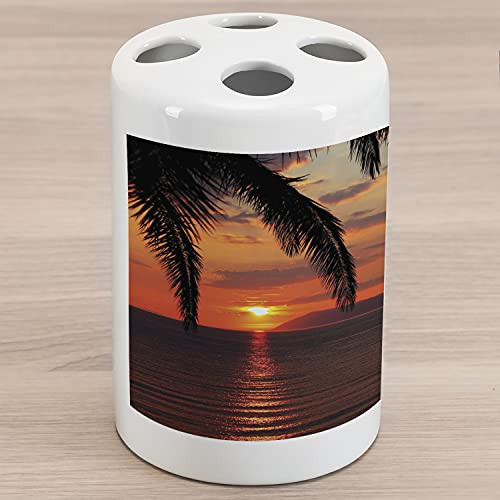 Ambesonne Tropical Ceramic Toothbrush Holder, Sunrise on Sea Palm Trees Exotic Holiday Honeymoon Romantic Beach Morning Scene, Decorative Versatile Countertop for Bathroom, 4.5" X 2.7", Orange Yellow