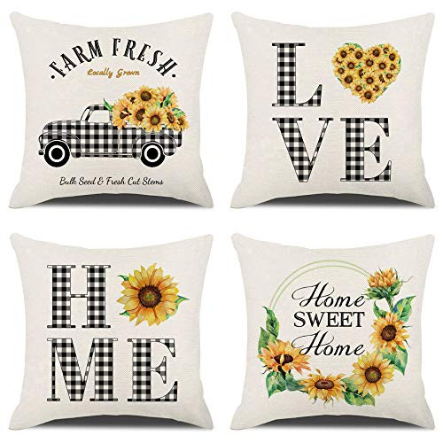 KACOPOL Sunflower Pillow Covers 18x18 Truck Wreath Buffalo Check Plaid Home Love Farmhouse Summer Decorations Set of 4 Throw Pillow Cases Watercolor Cushion Covers Cotton Linen