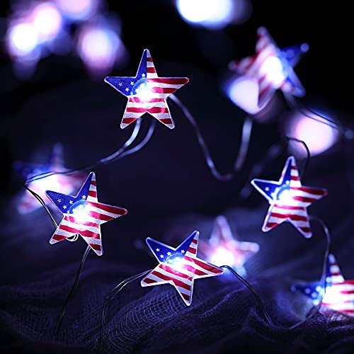 Patriotic Star Flag String Light - July 4th Decorations - 8 Modes Red White and Blue Star String Lights Battery Powered - 30 LED 10ft with Remote Control and Timer for Memorial Independence Day