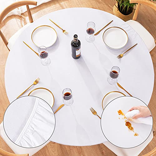 UMINEUX Round Fitted Vinyl Tablecloth with Elastic Edged and Flannel Backing, Waterproof Wipeable Round Table Cover for Indoor Outdoor Patio Use - Fits Tables up to 40"-44" Diameter-White- UMINEUX Round Fitted Vinyl Tablecloth with Elastic Edged and Flannel Backing, Waterproof Wipeable Round Table Cover for Indoor Outdoor Patio Use - Fits Tables up to 40"-44" Diameter-White-