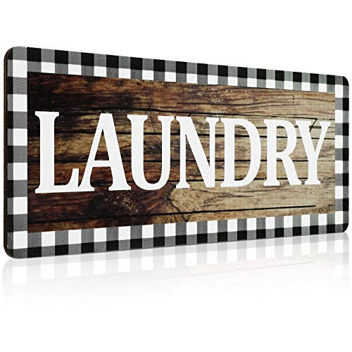 Honoson Wooden Laundry Kitchen Bathroom Sign Wall Decor Rustic Buffalo Plaid Wall Sign Black and White Vintage Farmhouse Laundry Kitchen Bathroom Decor, 13.8 x 5.1 Inch -Laundry-