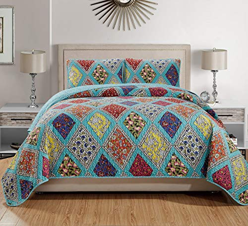 Luxury Home Collection 2 Piece Twin/TwinXL Quilted Reversible Multi-Color Coverlet Bedspread Set Floral Printed Blue Red Pink Yellow Orange (Twin/TwinXL)