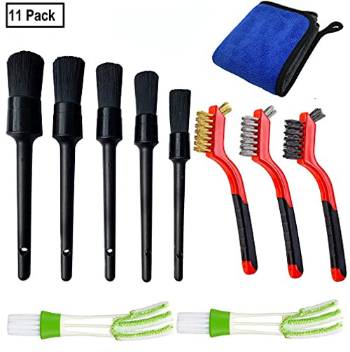 11 Pcs Car Detailing Brushes Kit for Cleaning Wheel, Interior, Exterior, Leather, Engine, Including 5 Auto Detail Brush, 3 Wire Brush and 2 Automotive Air Conditioner Brush and Microfiber Towel