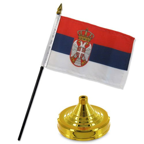Moon Knives Serbia 4''x6'' Flag Desk Set Table Stick Gold Base - Party Decorations Supplies For Parades - Prime Outside, Garden, Men Cave Decor Flag