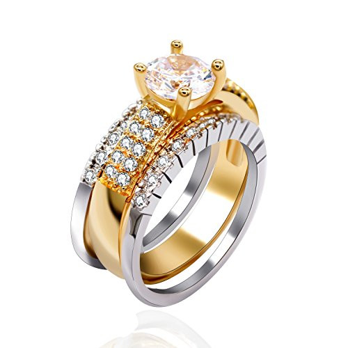 Uloveido Fashion Round Cubic Zirconia 3 pcs Bridal Rings Set - Princess Cut CZ Jewelry Engagement Wedding Band Rings Set for Women -Gold Color, Size 6- Y421