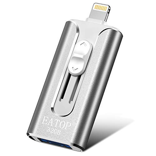 iOS Flash USB Drive 32GB iPhone Memory Stick, EATOP Thumb Drive USB 3.0 iPhone External Storage Memory Expansion Compatible with iPhone iPad Android & Computers (Silver)