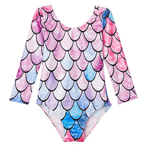 DOMUSGO Gymnastics Leotards for Girls Long Sleeve,Sparkly Little Kids Unitard Biketard Mermaid Green 6-7 Years Old