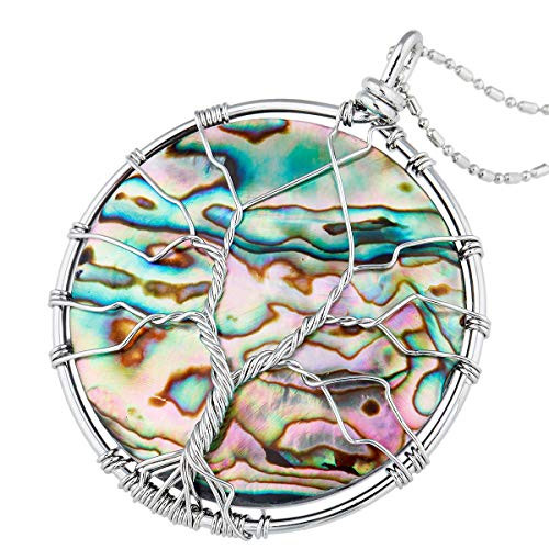 Nupuyai Tree of Life Stone Pendant Necklace for Women Men, Wire Wrapped Round Healing Crystals Jewelry, Abalone Shell