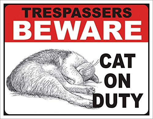 LUHARBOR Vintage Metal Tin Sign Beware Cat On Duty Outdoor Street Garden  and  Home Bar Cafe Wall Decoration Sign 12x8inch