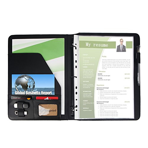 Freeprint 3 Ring Portfolio Binder with Writing Pad - PU Leather Professional Resume Padfolio Folder/Document Organizer for Interview & Business, Black