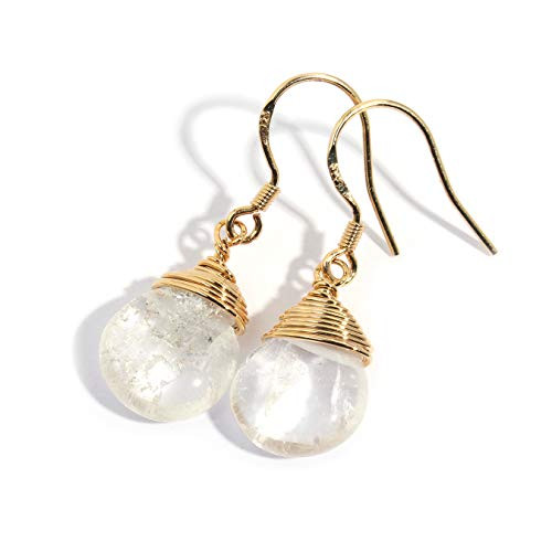 Scutum Craft Natural Stone Wire Wrap Dangle Drop Earrings Gold Plated 925 Sterling Silver Hook Jewelry for Women -Rock Crystal Water Drop-