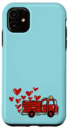 iPhone 11 Blue Heart Love Red Fire Truck Engine Valentines Day Case