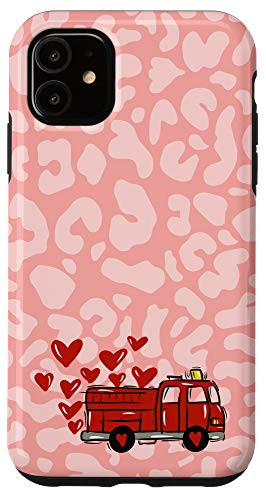 iPhone 11 Pink Leopard Print Love Red Fire Truck Engine Valentines Day Case