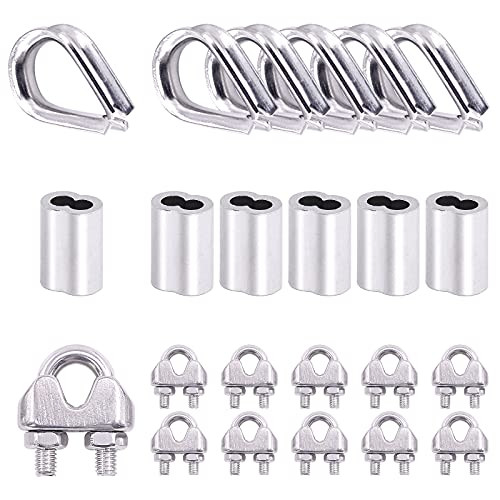 Hilitchi 24Pcs 304 Stainless Steel Wire Rope Cable Clip Clamps Thimble and Aluminum Crimping Loop Sleeve Assortment Kit -M4-