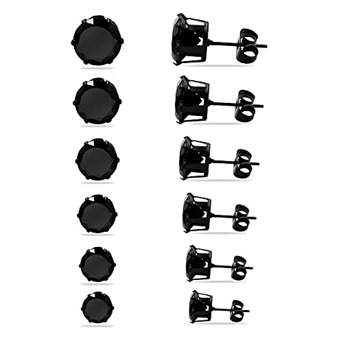 6 Pairs Stainless Steel Stud Earrings Women Girl Black Round Cubic Zirconia Stud Hypoallergenic Earrings 3-8mm
