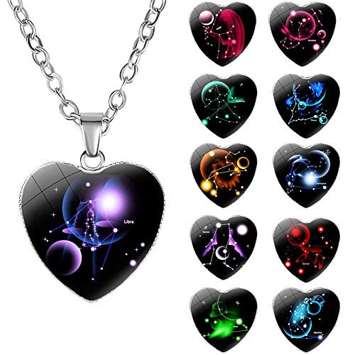 Maserfaliw 9 Pack Necklace, Women 12 Zodiac Constellations Sign Glass Heart Pendant Necklace Birthday Gift Aquarius Maserfaliw 9 Pack Necklace, Women 12 Zodiac Constellations Sign Glass Heart Pendant Necklace Birthday Gift Aquarius