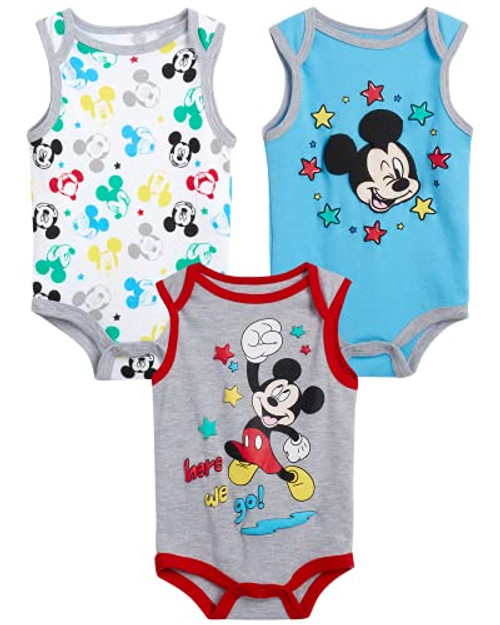 Disney Baby Boys Newborn Mickey Mouse Sleeveless Bodysuit -3 Pack- -Mickey Red/Grey, 6-9 Months- Disney Baby Boys Newborn Mickey Mouse Sleeveless Bodysuit -3 Pack- -Mickey Red/Grey, 6-9 Months-