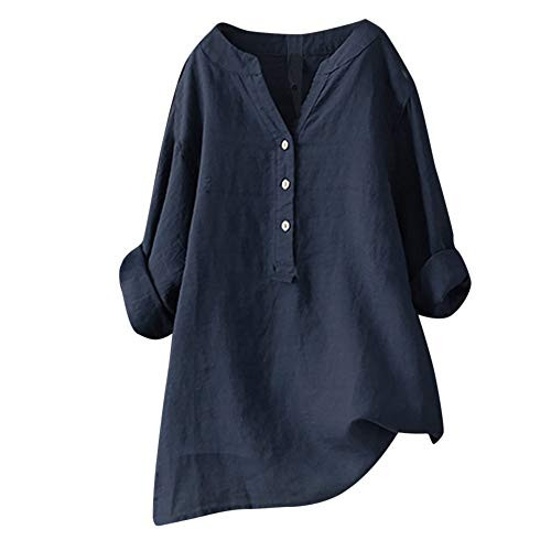 aihihe Women Loose Fit Button Down Long Sleeve Blouse V Neck T Shirts Plus Size Tees Casual Elegant Henley Shirts Navy