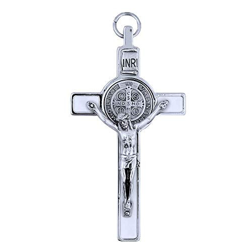 3" Colored Enamel St. Benedict Crucifix with Round St. Benedict Medal, Cord, and Booklet -Silver-tone w/white enamel-