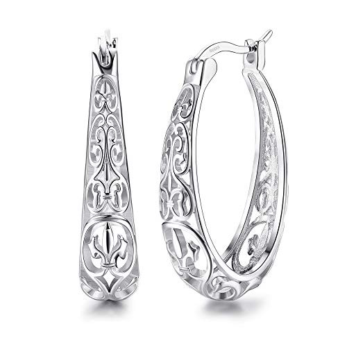 FUNRUN JEWELRY 925 Sterling Silver Hoop Earrings Round Earrings for Women Filigree Round Hoop Earrings Gold/ White Gold Plated