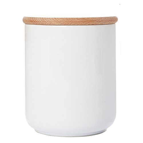 White Ceramic Kitchen Canister Container with Airtight Wood Lid Food Storage Jar Sugar Container Salt and Pepper Storage Containers Candy Jar Spices and Tea Jar Coffee Canister,23.7 Floz