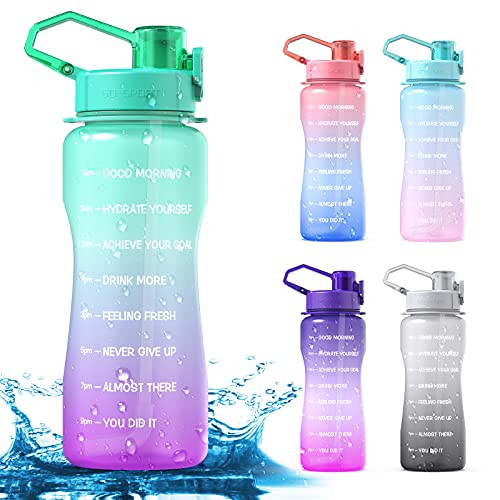 Y and 3 64oz Half Gallon Water Bottle with Straw  and  Time Marker, Leakproof, BPA Free Tritan Water Jug, Motivational Water Bottle with Handle, For Outdoor, Fitness, Gym -Green/Purple Gradient, 64oz-