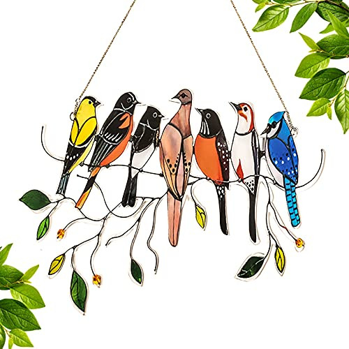 Multicolor Birds on a Wire High Stained plexiglass Suncatcher Window Panel?Bird Series Ornaments Pendant Home Decoration,Stained Glass Panels Hanging Suncacthers for Windows Doors