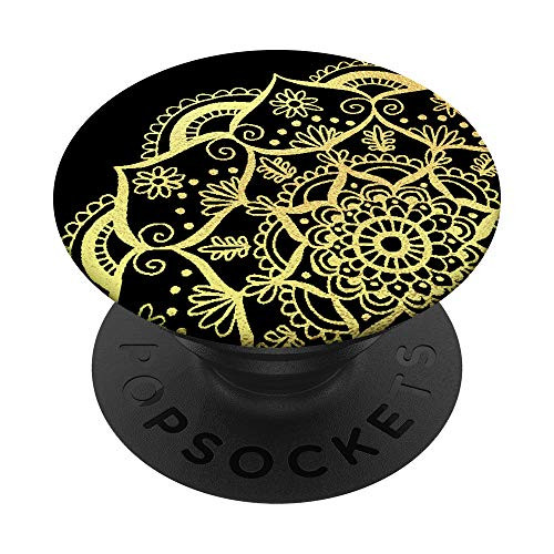 Black Golden Yellow Mandala Lotus Flower Zen Floral Gift PopSockets PopGrip: Swappable Grip for Phones  and  Tablets