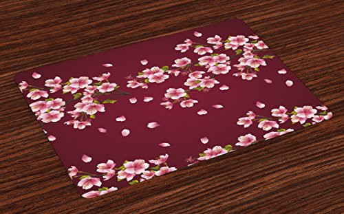 Lunarable Maroon Place Mats Set of 4, Japanese Sakura Tree Branches in Full Blossom Scattered Petals Asian Spring, Washable Fabric Placemats for Dining Room Kitchen Table Decoration, Pink Maroon Green Lunarable Maroon Place Mats Set of 4, Japanese Sakura Tree Branches in Full Blossom Scattered Petals Asian Spring, Washable Fabric Placemats for Dining Room Kitchen Table Decoration, Pink Maroon Green