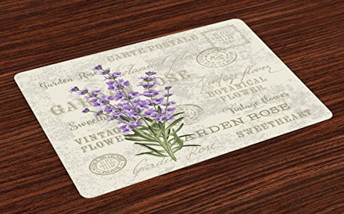 Lunarable Lavender Place Mats Set of 4, Vintage Postcard Composition with Grunge Display and Flowers, Washable Fabric Placemats for Dining Room Kitchen Table Decoration, Lavender Reseda Green Beige
