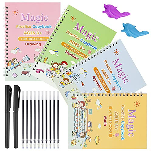Magic Practice Copybook for Kids, 4 Packs Magic Practice Writing Copybook, Reusable Calligraphy Workbook with Magical Pen, Number Tracing Book for Preschoolers